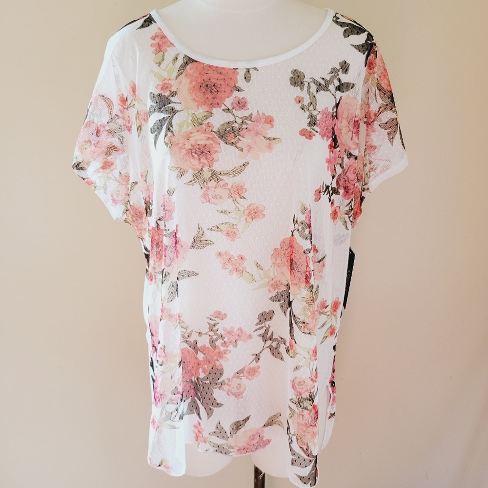 Ashley Blue sheer floral swiss dot blouse size 1X
